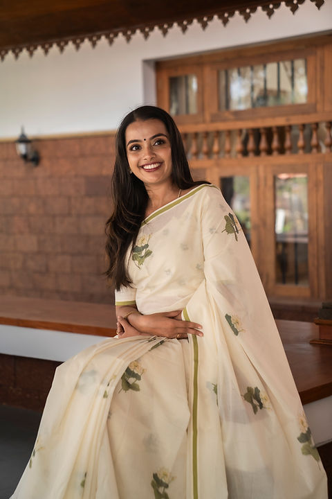 Off-White Lotus Printed Cotton Saree