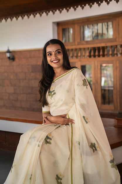 Off-White Lotus Printed Cotton Saree