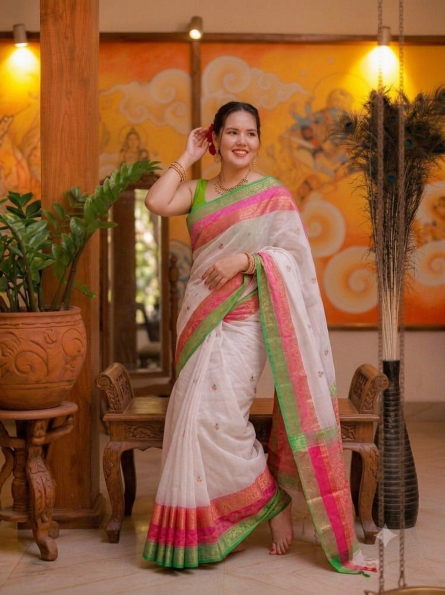 Graceful White and Pink Border Mul Cotton Saree