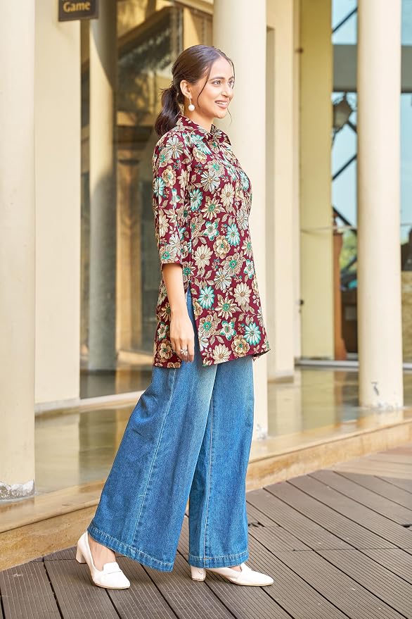 Vibrant Maroon Floral Printed Cotton Shirt
