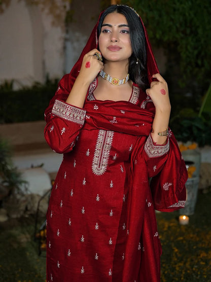 Deep Red Silk Blend Embroidered Kurta Set with Dupatta