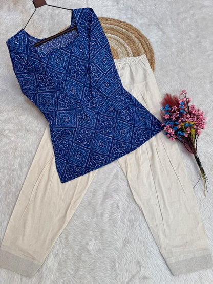 Royal Blue Cotton Bandhej Short Kurti