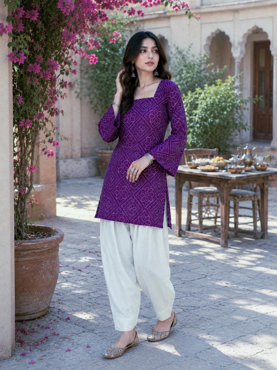 Deep Purple Cotton Bandhej Kurti Set
