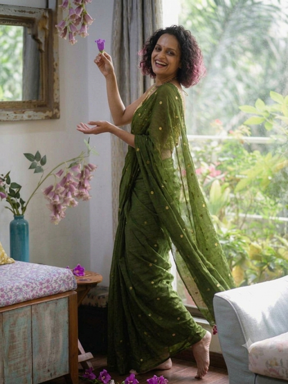 Ethereal Olive Green Gold-Zari Polka Dot Mul Cotton Saree