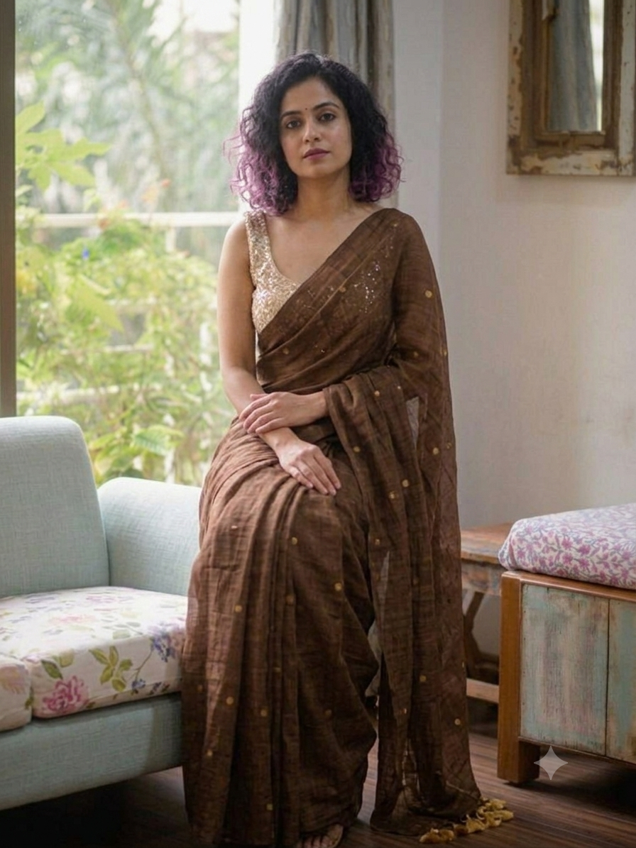 Ethereal Coffee Brown Gold-Zari Polka Dot Mul Cotton Saree