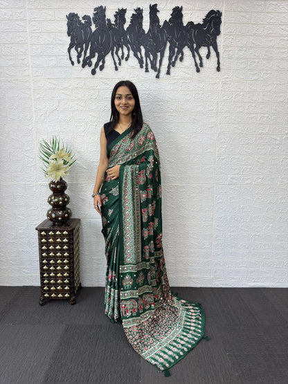 Vibrant Forest Green Gajji Ajrakh Silk Saree