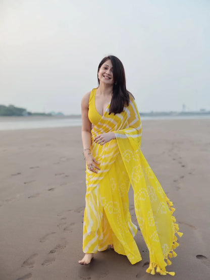 Sunshine Yellow & White Chiffon Printed Saree with Tassel Pallu