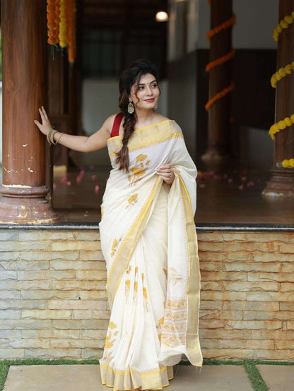 Classic Off-White and Mustard Floral Printed Mul Cotton Saree