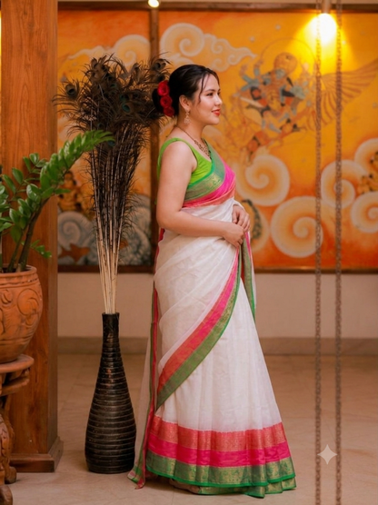 Graceful White and Pink Border Mul Cotton Saree