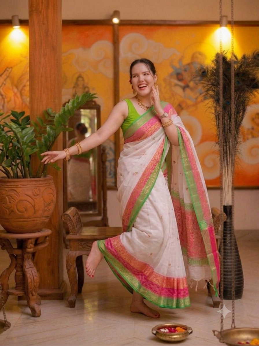 Graceful White and Pink Border Mul Cotton Saree
