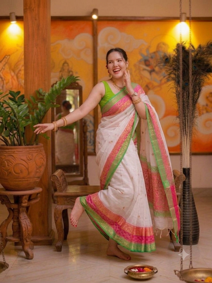 Graceful White and Pink Border Mul Cotton Saree