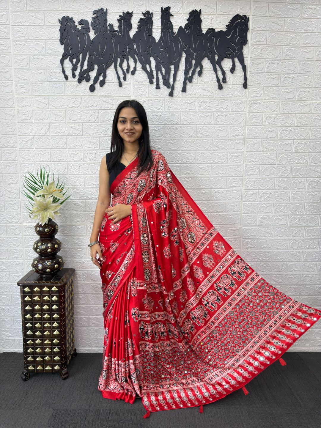 Vibrant Crimson Red Gajji Ajrakh Silk Saree