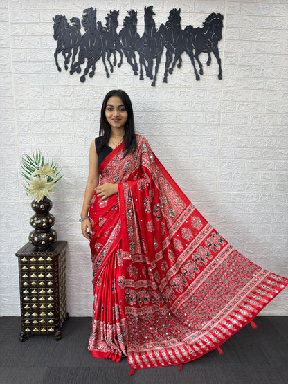 Vibrant Crimson Red Gajji Ajrakh Silk Saree