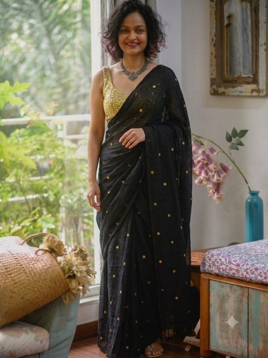 Ethereal Midnight Black Gold-Zari Polka Dot Mul Cotton Saree