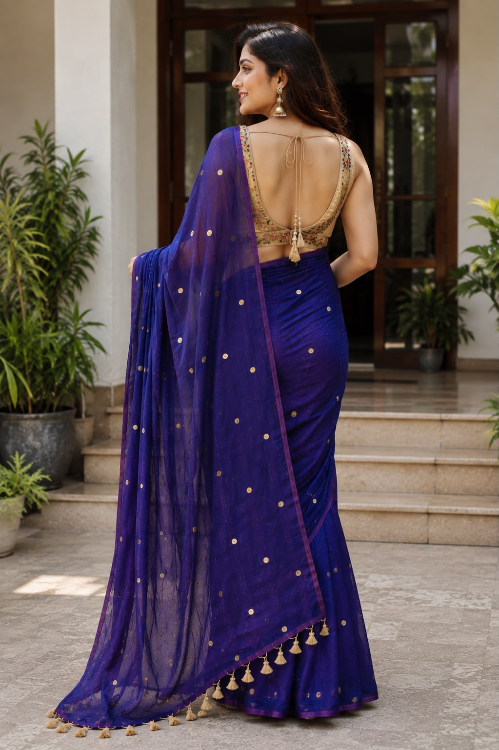Ethereal Royal Blue Gold-Zari Polka Dot Mul Cotton Saree