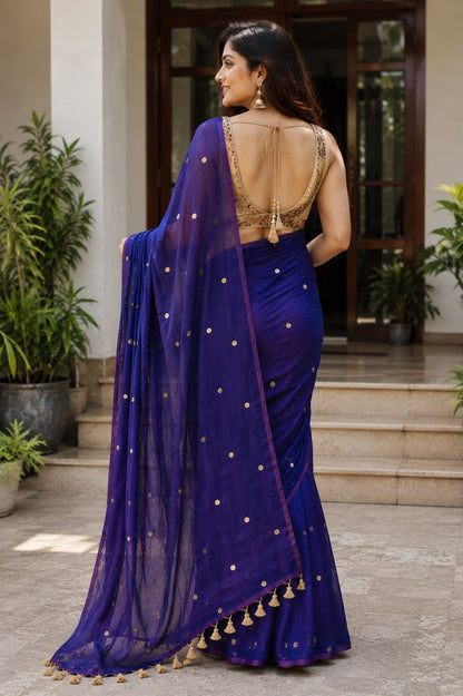 Ethereal Royal Blue Gold-Zari Polka Dot Mul Cotton Saree