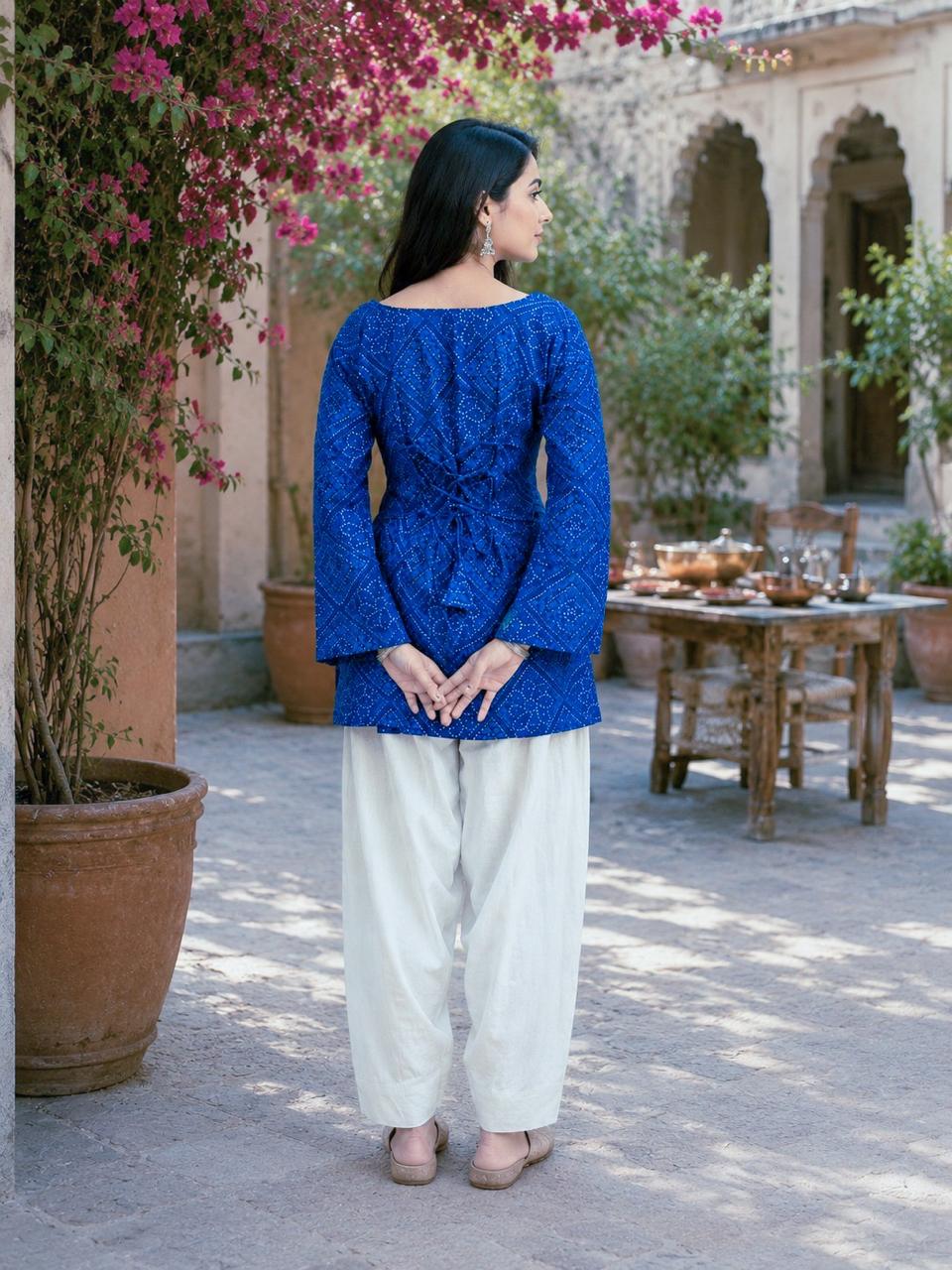 Royal Blue Cotton Bandhej Short Kurti