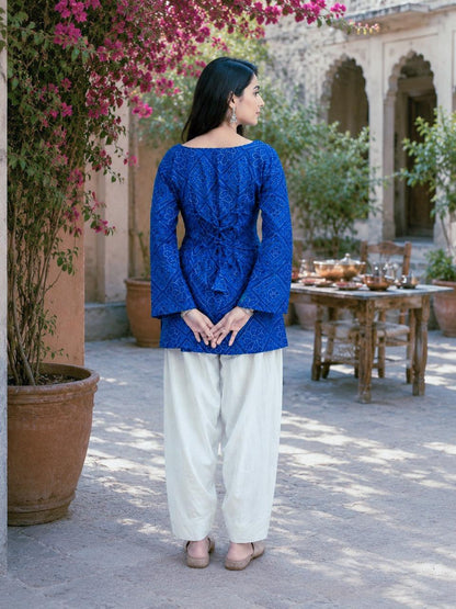 Royal Blue Cotton Bandhej Short Kurti