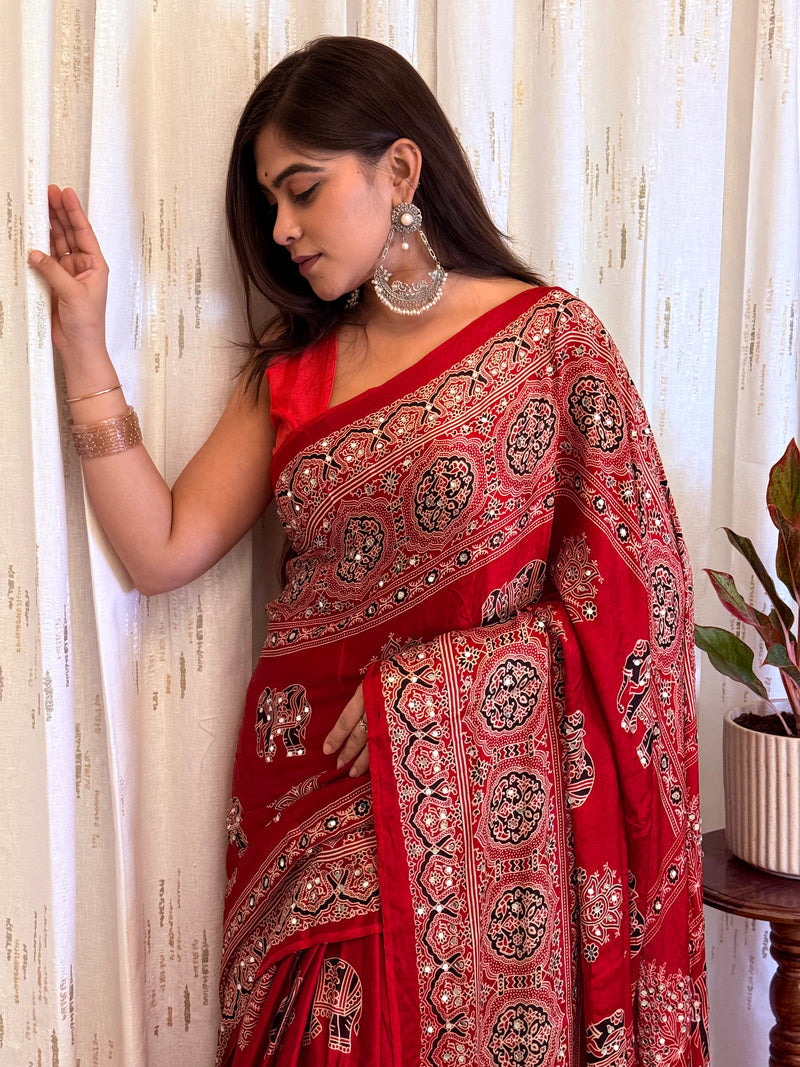 Vibrant Crimson Red Gajji Ajrakh Silk Saree