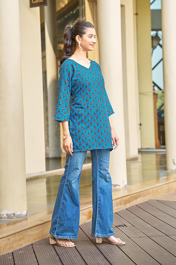 Vibrant Teal Blue Floral Printed Cotton Tunics