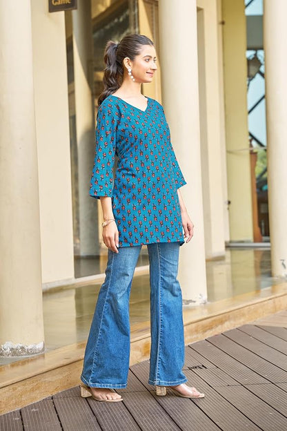 Vibrant Teal Blue Floral Printed Cotton Tunics
