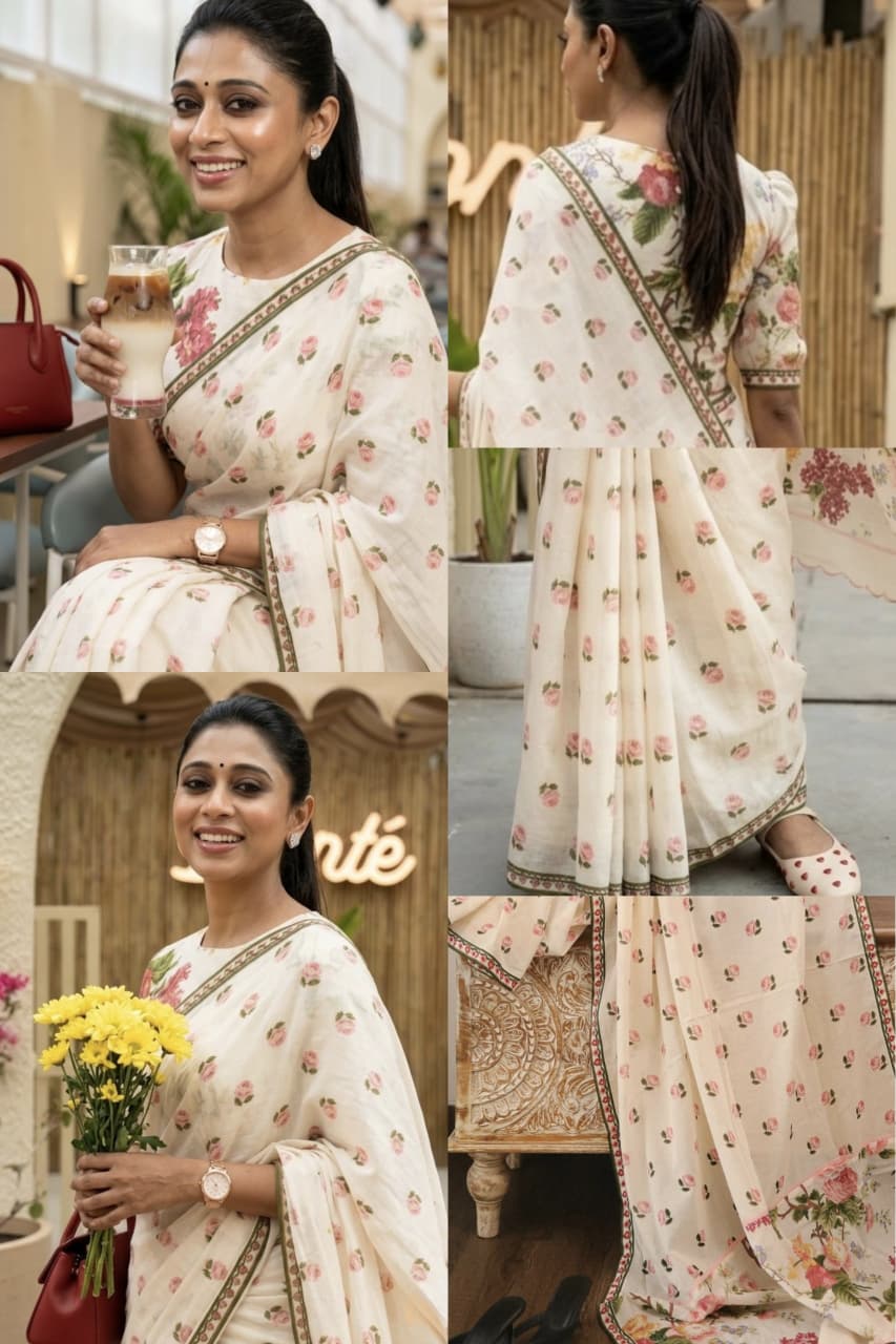 Ethereal Off-White Pink Rose Floral Printed Mul Cotton Saree