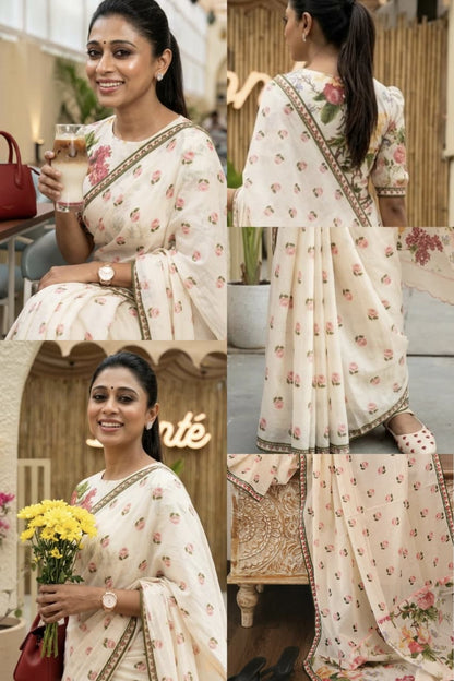 Ethereal Off-White Pink Rose Floral Printed Mul Cotton Saree