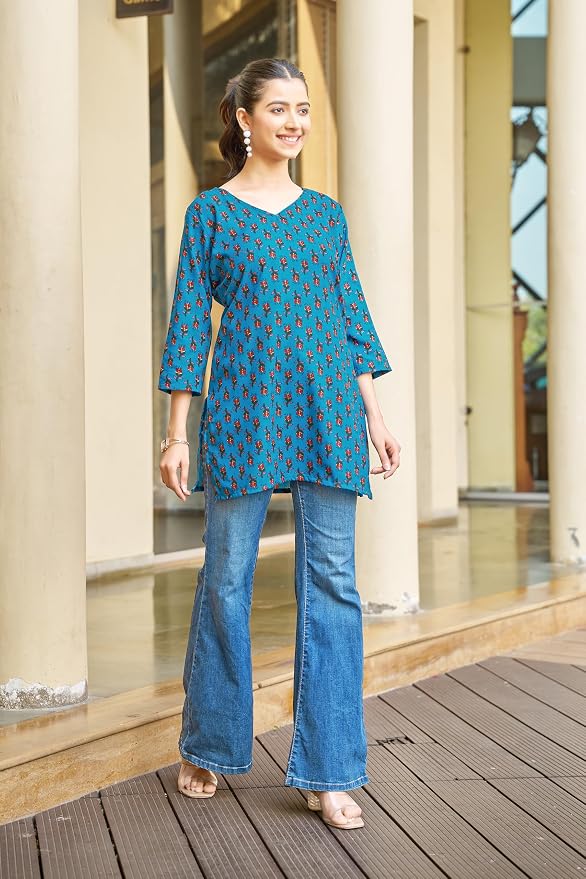 Vibrant Teal Blue Floral Printed Cotton Tunics