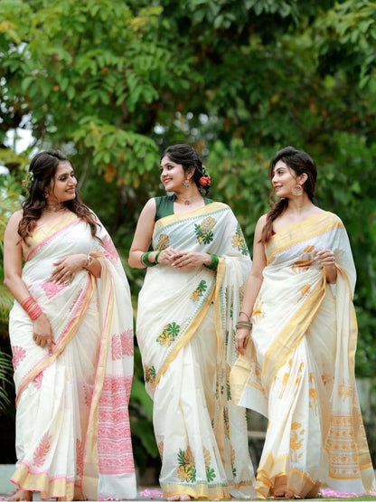 Classic Off-White and Pink Floral Printed Mul Cotton Saree