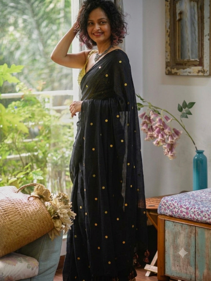 Ethereal Midnight Black Gold-Zari Polka Dot Mul Cotton Saree