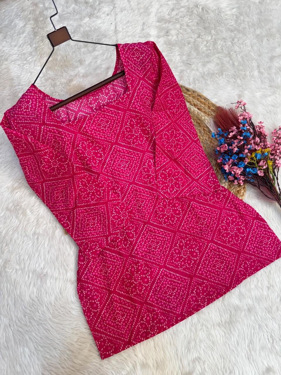 Rani Pink Cotton Bandhej Short Kurta