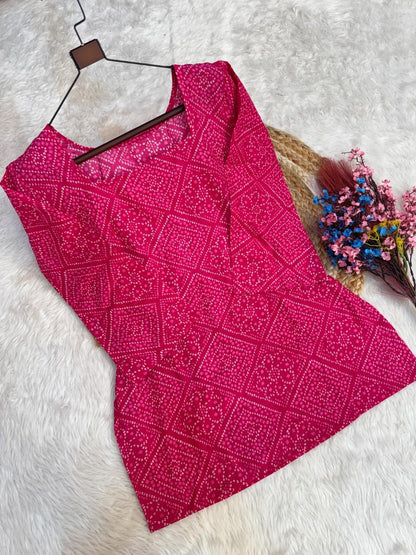 Rani Pink Cotton Bandhej Short Kurta