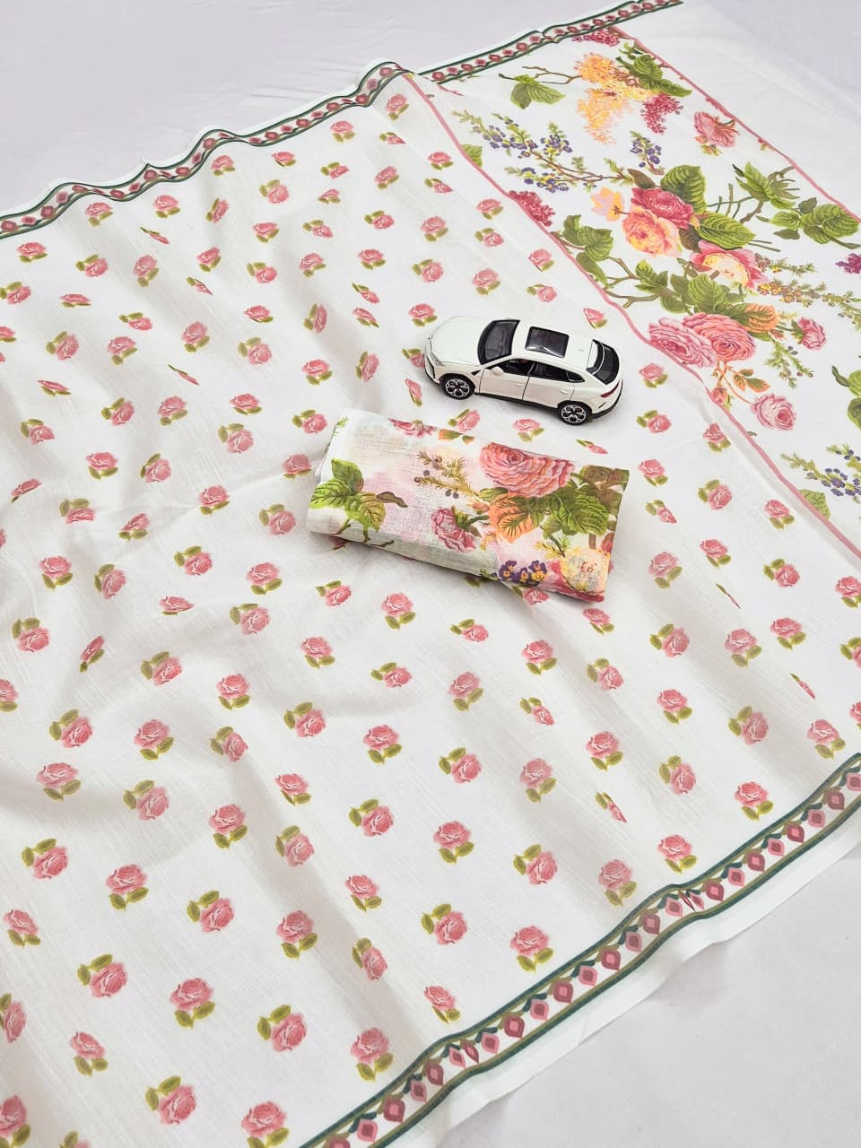 Ethereal Off-White Pink Rose Floral Printed Mul Cotton Saree