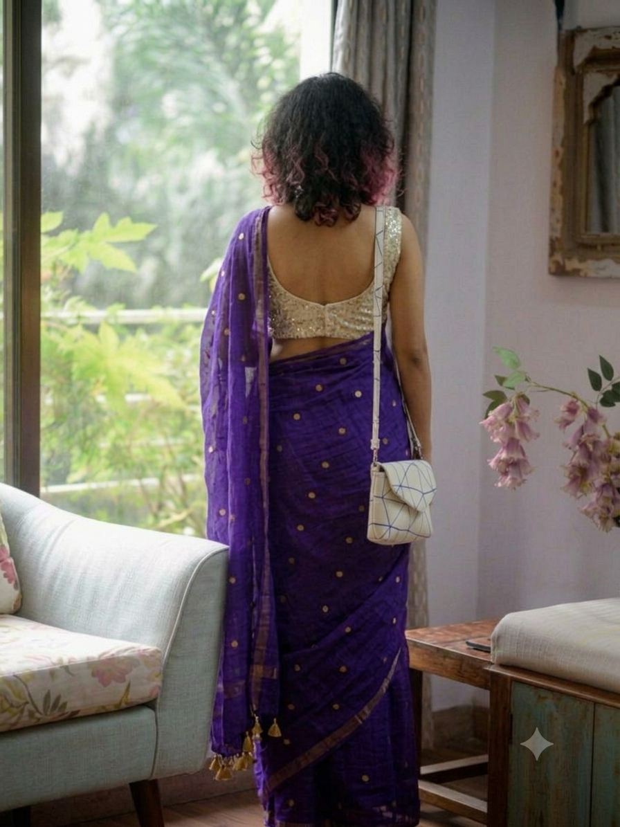 Ethereal Royal Violet Gold-Zari Polka Dot Mul Cotton Saree
