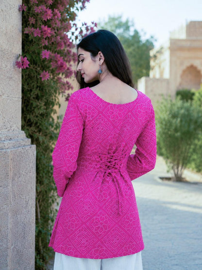 Rani Pink Cotton Bandhej Short Kurta