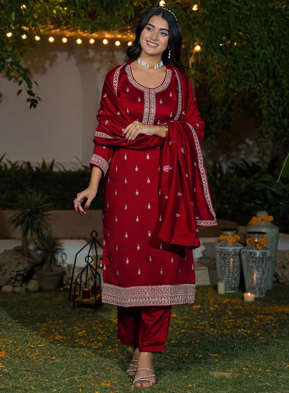 Deep Red Silk Blend Embroidered Kurta Set with Dupatta