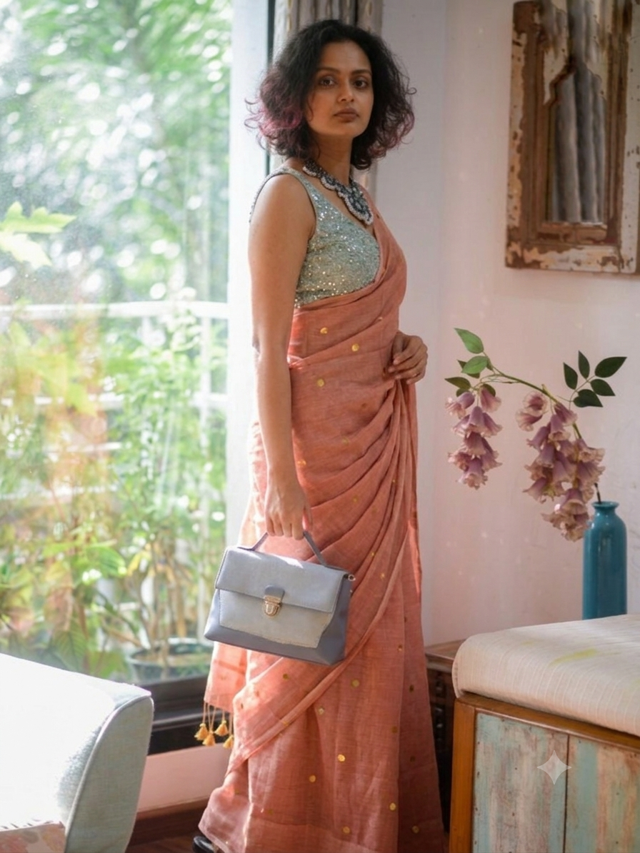 Peach Rose Pink Gold-Zari Polka Dot Mul Cotton Saree