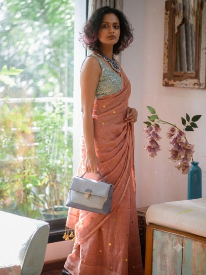 Peach Rose Pink Gold-Zari Polka Dot Mul Cotton Saree