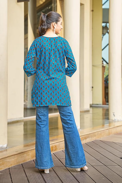 Vibrant Teal Blue Floral Printed Cotton Tunics