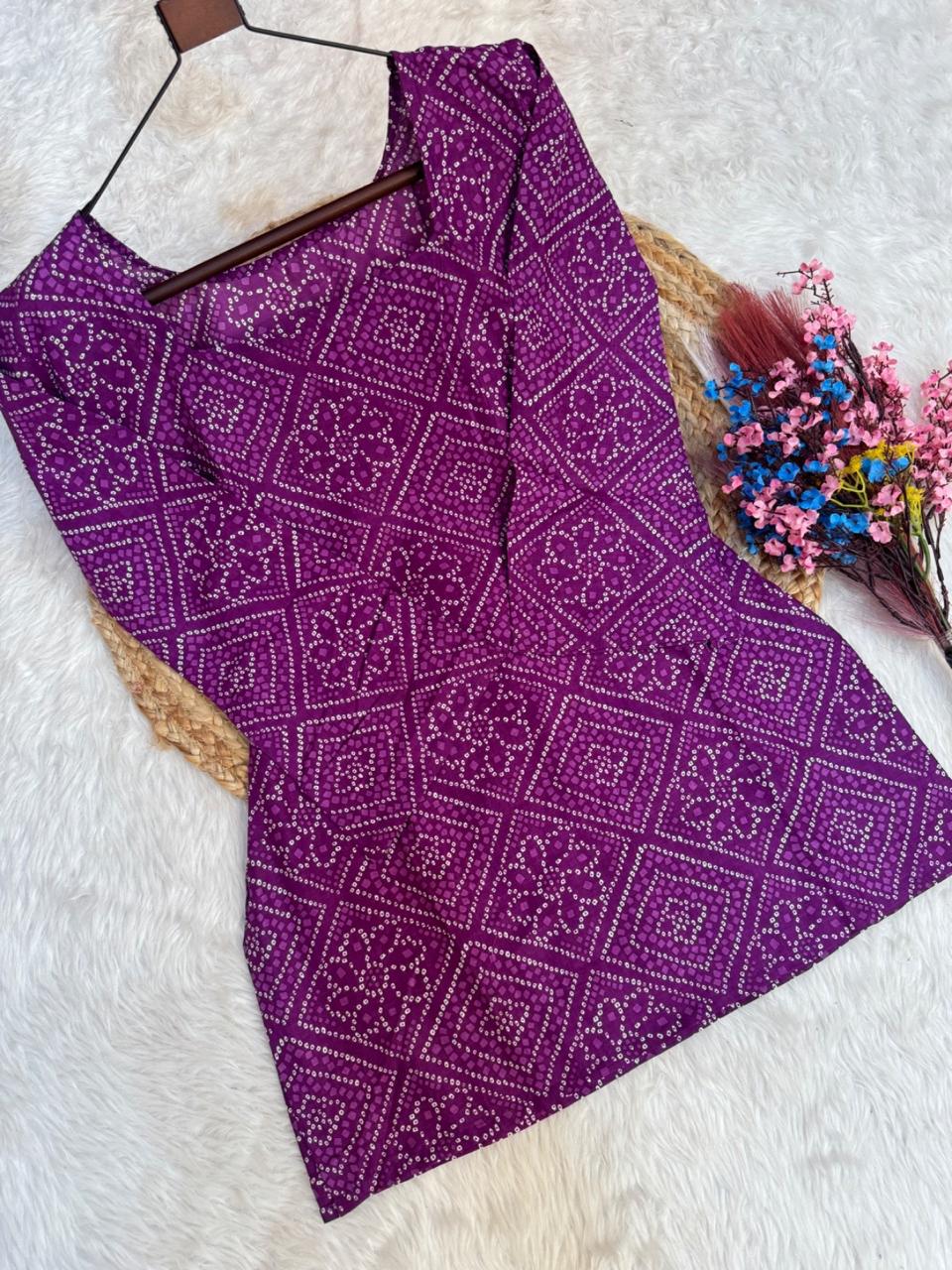 Deep Purple Cotton Bandhej Kurti Set