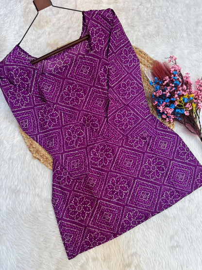 Deep Purple Cotton Bandhej Kurti Set