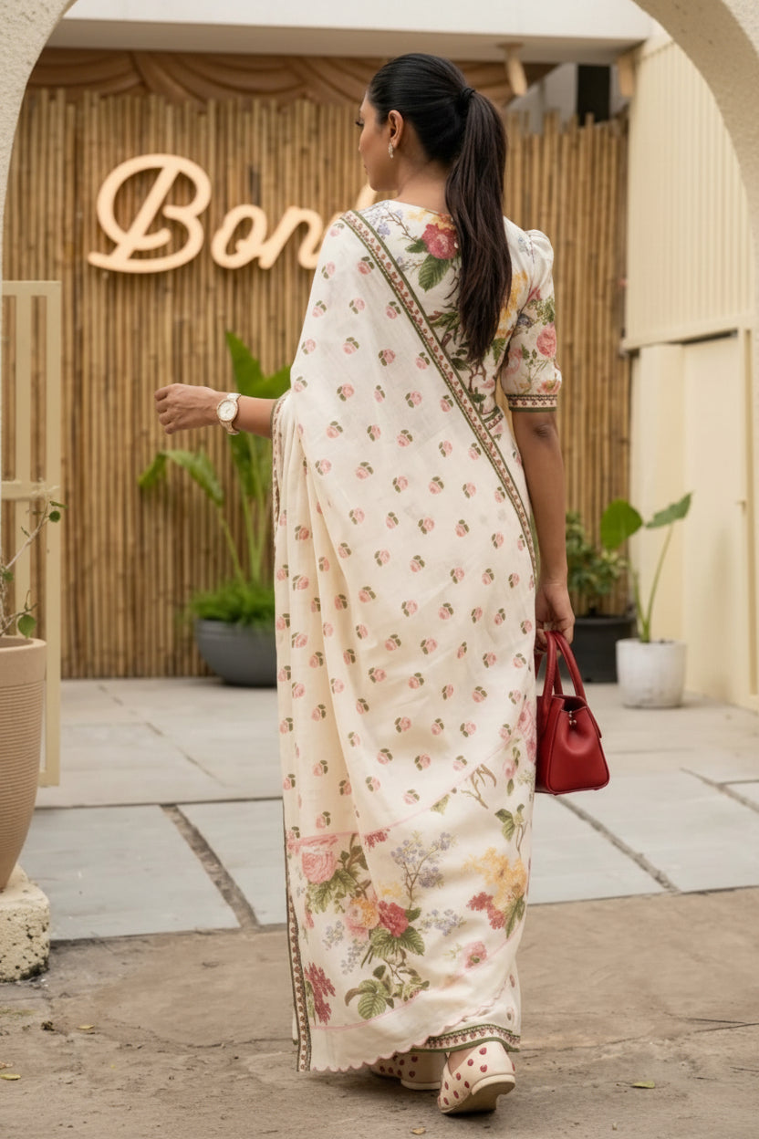 Ethereal Off-White Pink Rose Floral Printed Mul Cotton Saree