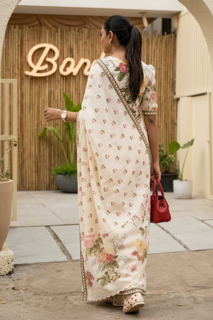 Ethereal Off-White Pink Rose Floral Printed Mul Cotton Saree