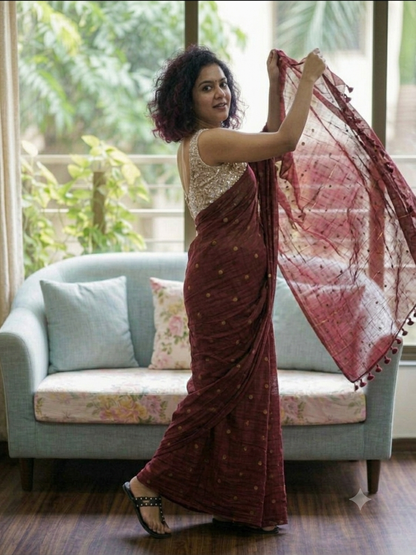 Ethereal Maroon Deep Burgundy Gold-Zari Polka Dot Mul Cotton Saree