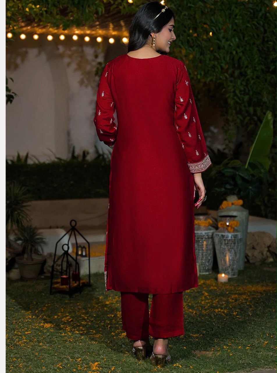 Deep Red Silk Blend Embroidered Kurta Set with Dupatta