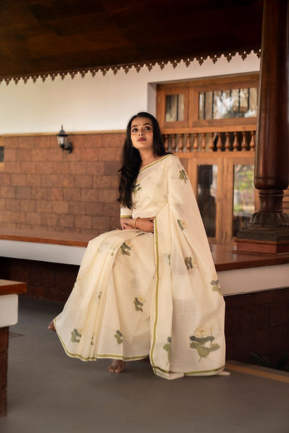 Off-White Lotus Printed Cotton Saree