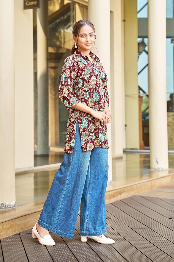 Vibrant Maroon Floral Printed Cotton Shirt