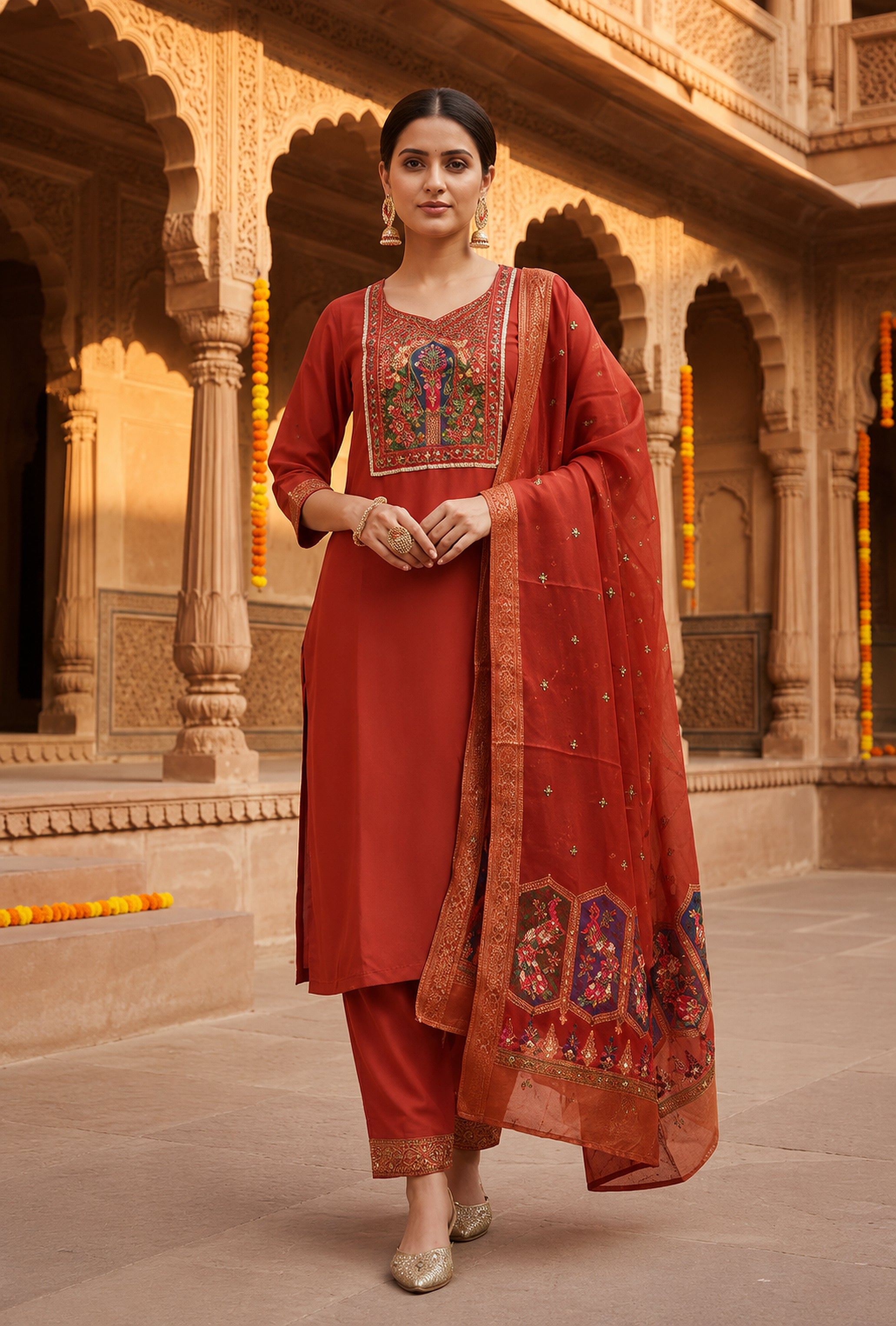 Rust Orange Cotton Blend Kurta Set with Embroidered Organza Dupatta