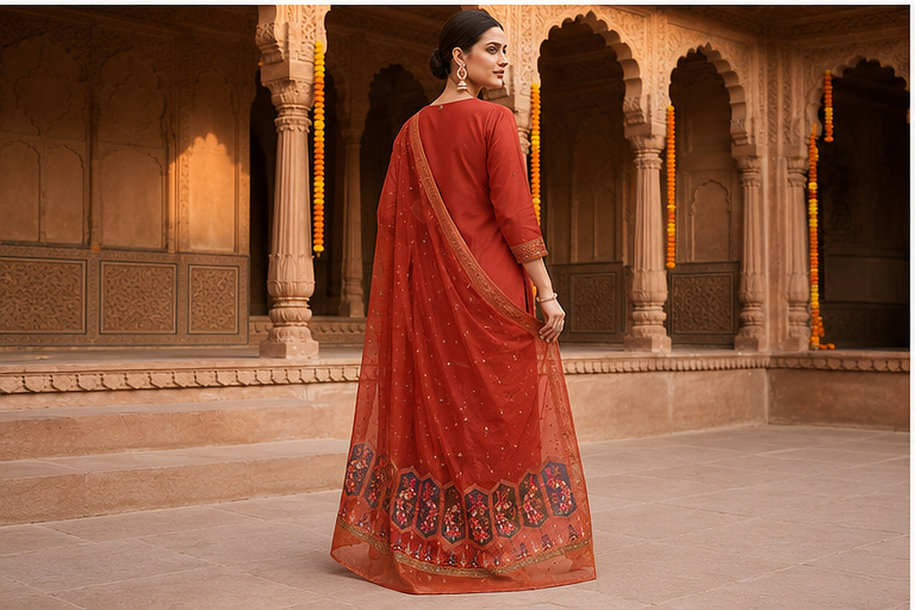 Rust Orange Cotton Blend Kurta Set with Embroidered Organza Dupatta