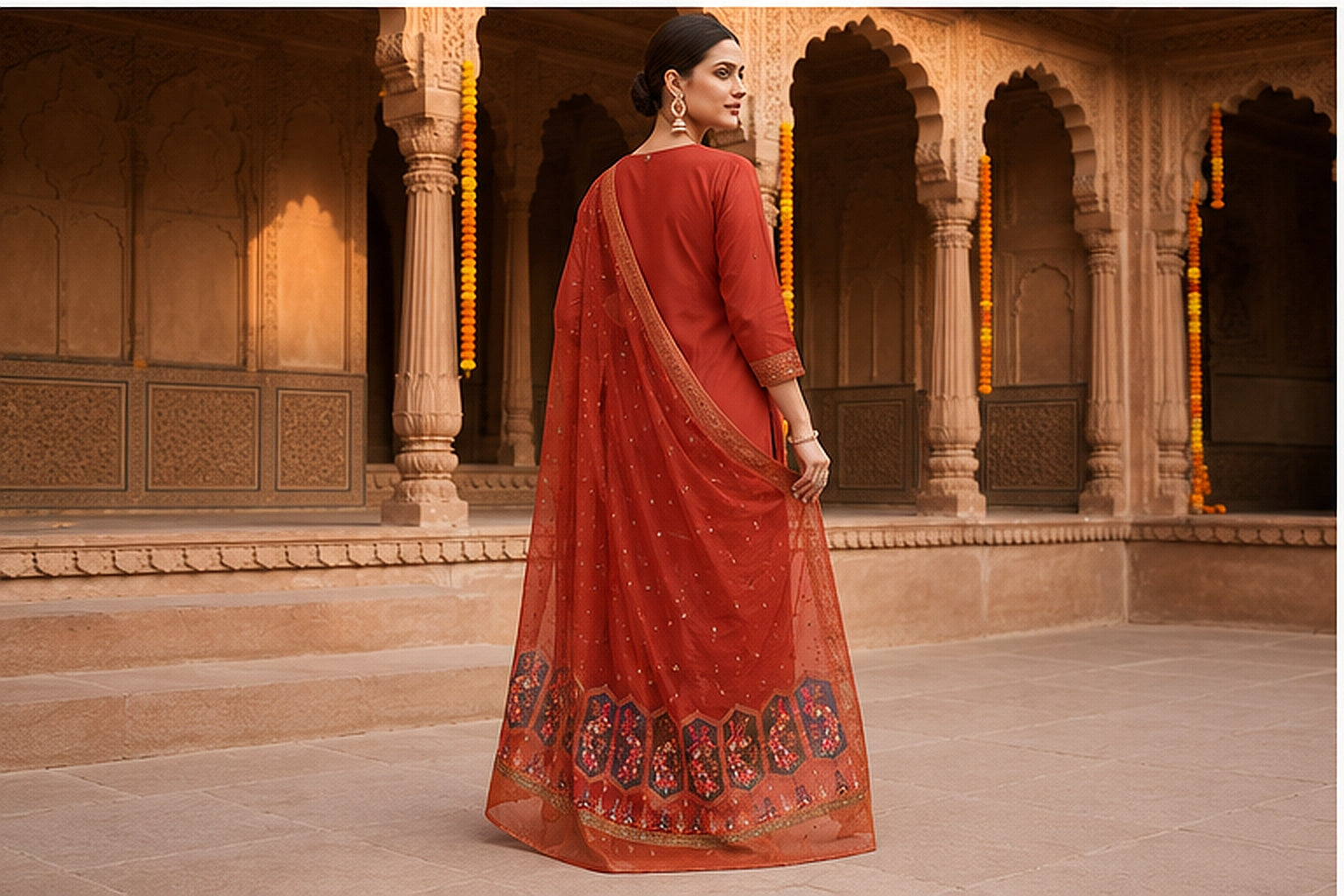 Rust Orange Cotton Blend Kurta Set with Embroidered Organza Dupatta